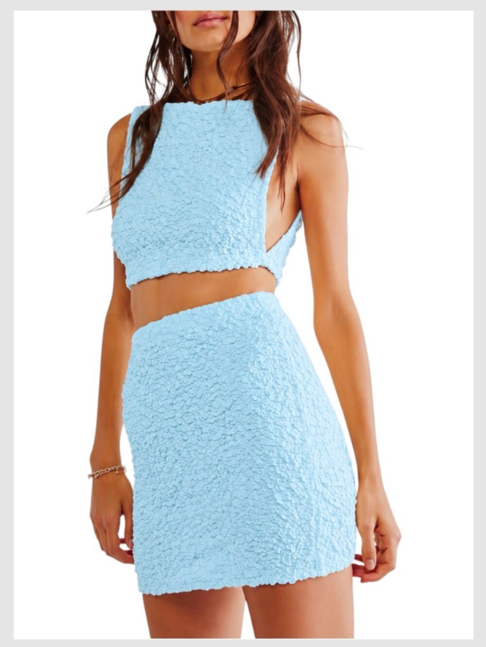 Free People Apple of My Eye Baby Blue Crop Top Mini Skirt Set S